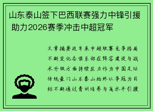 山东泰山签下巴西联赛强力中锋引援 助力2026赛季冲击中超冠军 山东泰山签下巴西联赛强力中锋引援 助力2026赛季冲击中超冠军
